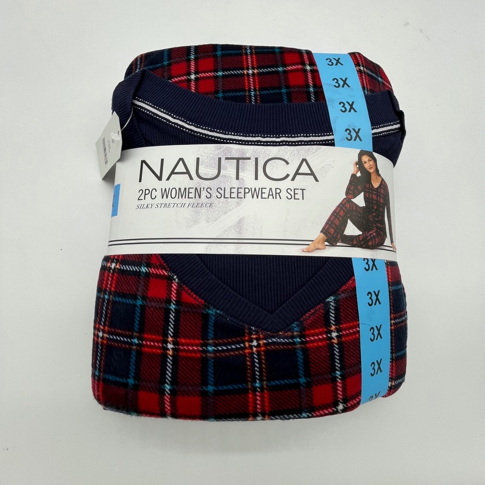 Nautica Womens 2PC Sleepwear Set Red Plaid Silky Stretch Fleece 3X 1415795